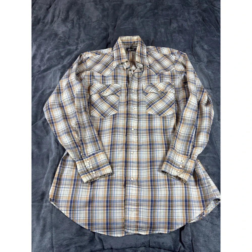 Levis Mens Regular Fit Western Pearl Snap Plaid Long Sleeve Shirt Blue Tan M
